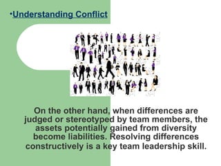 On the other hand, when differences are judged or stereotyped by team members, the assets potentially gained from diversity become liabilities. Resolving differences constructively is a key team leadership skill.   Understanding Conflict 