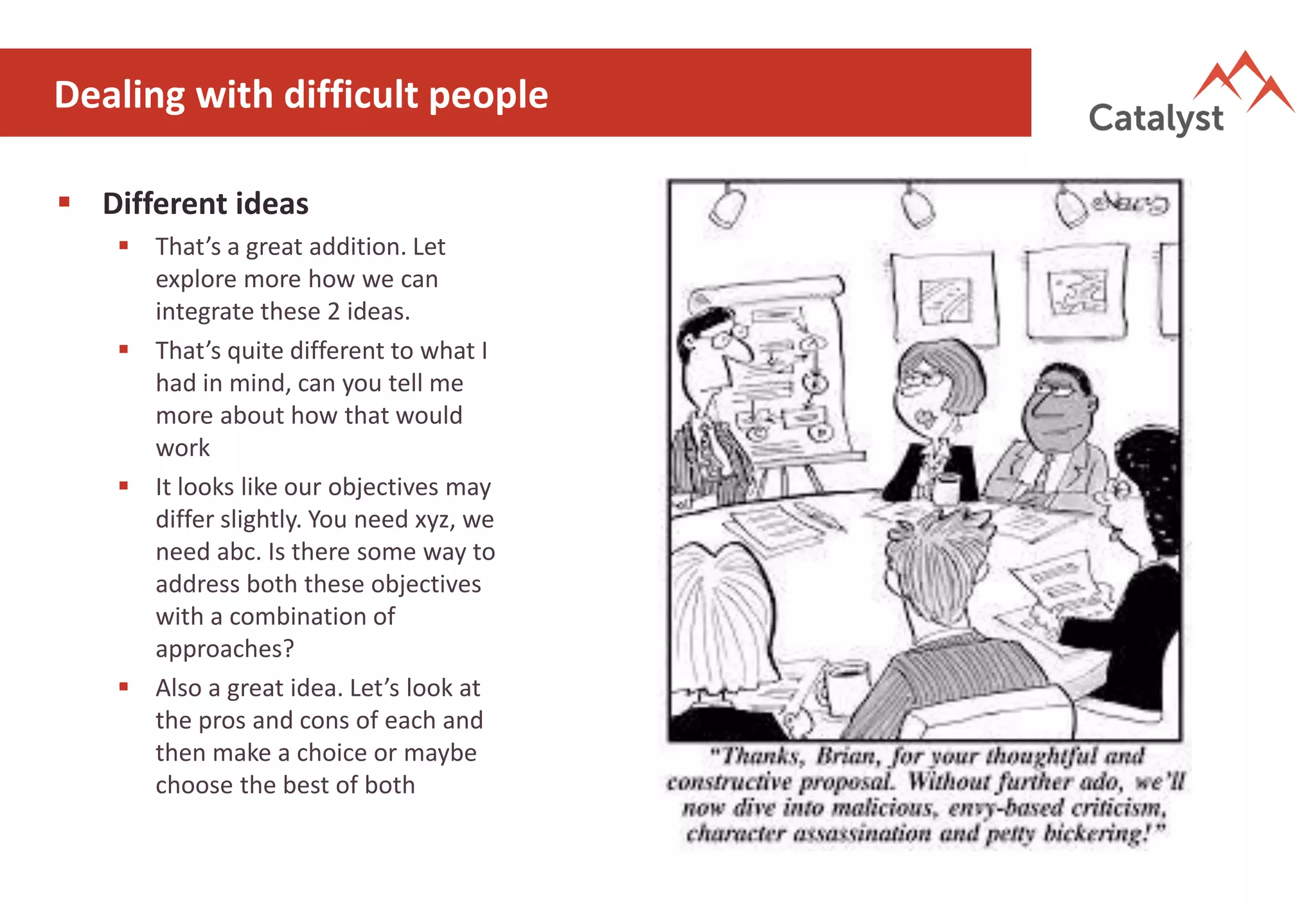 Dealing with difficult people
▪ Different ideas
▪ That’s a great addition. Let
explore more how we can
integrate these 2 ideas.
▪ That’s quite different to what I
had in mind, can you tell me
more about how that would
work
▪ It looks like our objectives may
differ slightly. You need xyz, we
need abc. Is there some way to
address both these objectives
with a combination of
approaches?
▪ Also a great idea. Let’s look at
the pros and cons of each and
then make a choice or maybe
choose the best of both
 