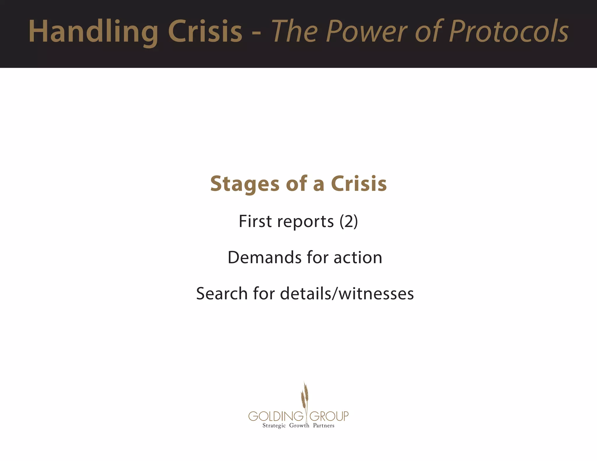 Stages of a Crisis
First reports (2)
   Demands for action
   Search for details/witnesses
 