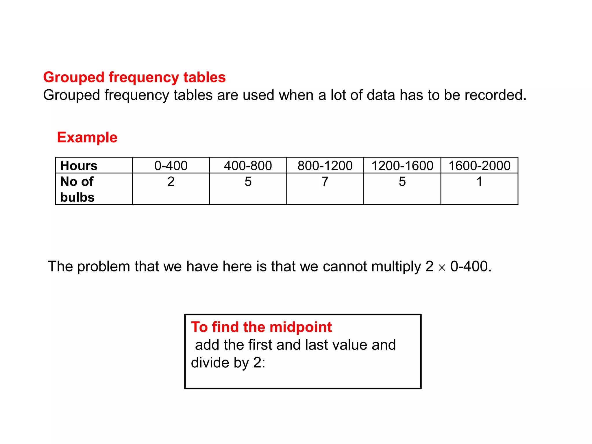 Grouped frequency tablesGrouped frequency tables are used when a lot of data has to be recorded.ExampleThe problem that we have here is that we cannot multiply 2  0-400.To find the midpoint add the first and last value and divide by 2: