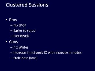 Clustered SessionsProsNo SPOFEasier to setupFast ReadsConsn x WritesIncrease in network IO with increase in nodesStale data (rare)