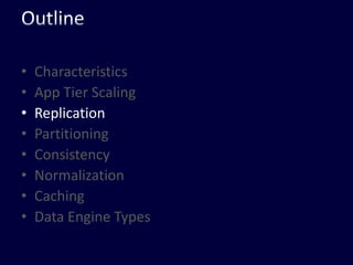 OutlineCharacteristicsApp Tier ScalingReplicationPartitioningConsistencyNormalizationCachingData Engine Types