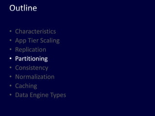 OutlineCharacteristicsApp Tier ScalingReplicationPartitioningConsistencyNormalizationCachingData Engine Types