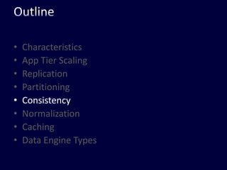 OutlineCharacteristicsApp Tier ScalingReplicationPartitioningConsistencyNormalizationCachingData Engine Types