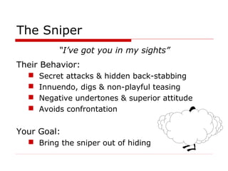 The Sniper
“I’ve got you in my sights”
Their Behavior:





Secret attacks & hidden back-stabbing
Innuendo, digs & non...