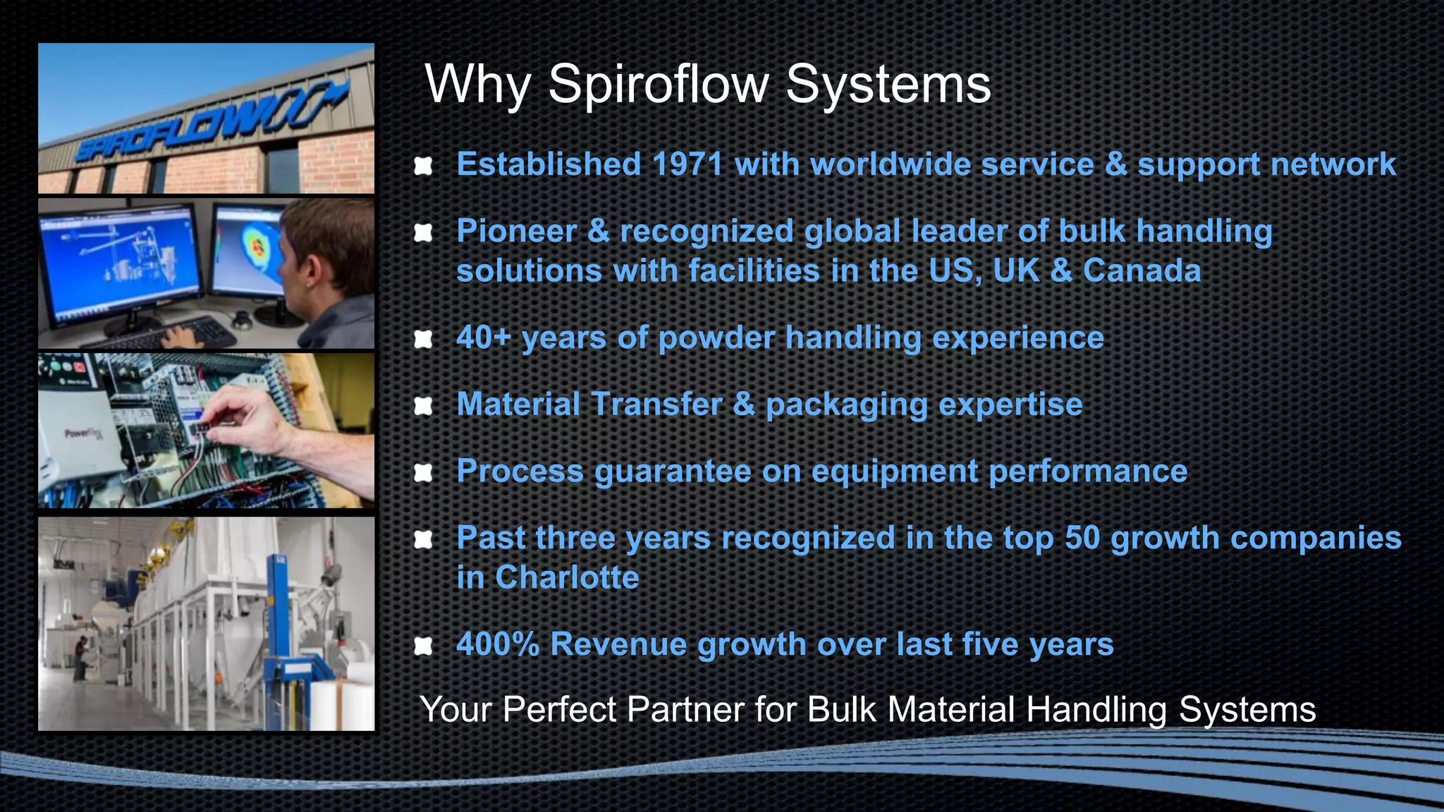 Why Spiroflow Systems
Established 1971 with worldwide service & support network
Pioneer & recognized global leader of bulk handling
solutions with facilities in the US, UK & Canada
40+ years of powder handling experience
Material Transfer & packaging expertise
Process guarantee on equipment performance
Past three years recognized in the top 50 growth companies
in Charlotte
400% Revenue growth over last five years
Your Perfect Partner for Bulk Material Handling Systems
 
