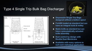 Disposable Single Trip Bags
designed without a bottom spout
Forklift loaded as standard but can
have an integral hoist & trolley
Static knife as standard but can
have a pneumatically actuated
knife assembly
Dust control by design with
Double Dust Membrane
Available with many options to
suit each individual application
Type 4 Single Trip Bulk Bag Discharger
 