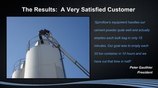The Results: A Very Satisfied Customer
‘Spiroflow’s equipment handles our
cement powder quite well and actually
empties each bulk bag in only 15
minutes. Our goal was to empty each
20 ton container in 10 hours and we
have cut that time in half!’
Peter Gauthier
President
 