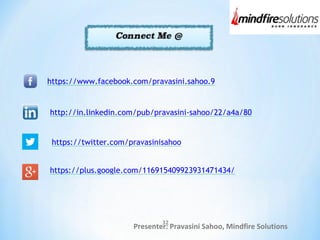https://www.facebook.com/pravasini.sahoo.9
http://in.linkedin.com/pub/pravasini-sahoo/22/a4a/80
https://twitter.com/pravasinisahoo
Presenter: Pravasini Sahoo, Mindfire SolutionsPresenter: Pravasini Sahoo, Mindfire Solutions
https://plus.google.com/116915409923931471434/
32
 