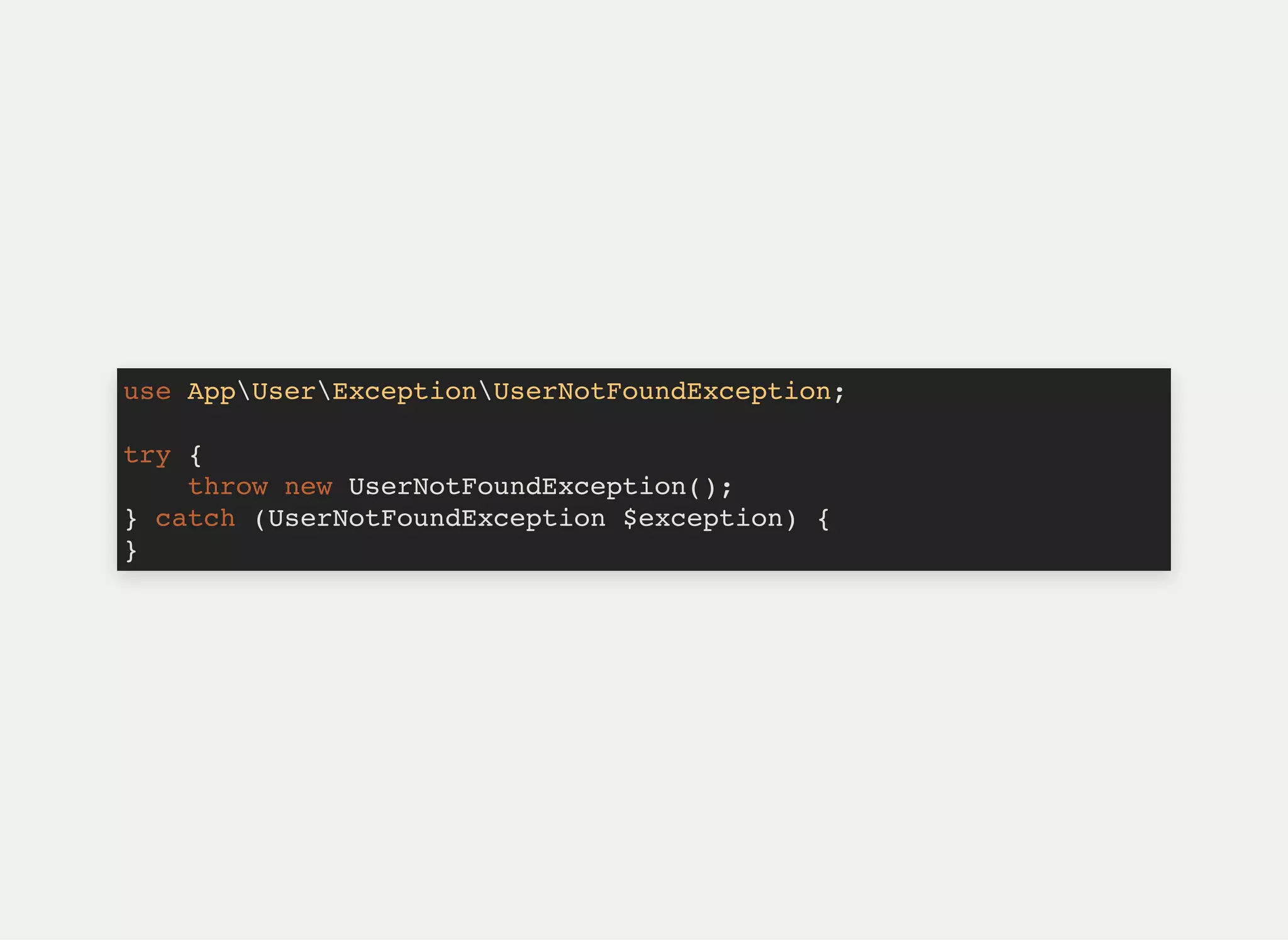 use AppUserExceptionUserNotFoundException;
try {
throw new UserNotFoundException();
} catch (UserNotFoundException $exception) {
}
 