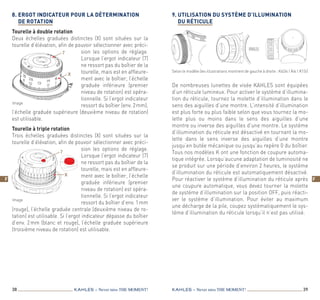 38 39KAHLES – Never miss the MOMENT! KAHLES – Never miss the MOMENT!
F F
8. Ergot indicateur pour la détermination
de rotation
Tourelle à double rotation
Deux échelles graduées distinctes (X) sont situées sur la
tourelle d’élévation, afin de pouvoir sélectionner avec préci-
sion les options de réglage.
Lorsque l’ergot indicateur (7)
ne ressort pas du boîtier de la
tourelle, mais est en affleure-
ment avec le boîtier, l’échelle
graduée inférieure (premier
niveau de rotation) est opéra-
tionnelle. Si l’ergot indicateur
ressort du boîtier (env. 2 mm),
l’échelle graduée supérieure (deuxième niveau de rotation)
est utilisable.
Tourelle à triple rotation
Trois échelles graduées distinctes (X) sont situées sur la
tourelle d’élévation, afin de pouvoir sélectionner avec préci-
sion les options de réglage.
Lorsque l’ergot indicateur (7)
ne ressort pas du boîtier de la
tourelle, mais est en affleure-
ment avec le boîtier, l’échelle
graduée inférieure (premier
niveau de rotation) est opéra-
tionnelle. Si l’ergot indicateur
ressort du boîtier d’env. 1 mm
(rouge), l’échelle graduée centrale (deuxième niveau de ro-
tation) est utilisable. Si l’ergot indicateur dépasse du boîtier
d’env. 2 mm (blanc et rouge), l’échelle graduée supérieure
(troisième niveau de rotation) est utilisable.
9. Utilisation du système d’illumination
dU réticule
De nombreuses lunettes de visée KAHLES sont équipées
d’un réticule lumineux. Pour activer le système d’illumina-
tion du réticule, tournez la molette d’illumination dans le
sens des aiguilles d’une montre. L’intensité d’illumination
est plus forte ou plus faible selon que vous tournez la mo-
lette plus ou moins dans le sens des aiguilles d’une
montre ou inverse des aiguilles d’une montre. Le système
d’illumination du réticule est désactivé en tournant la mo-
lette dans le sens inverse des aiguilles d’une montre
jusqu’en butée mécanique ou jusqu’au repère 0 du boîtier.
Tous nos modèles K ont une fonction de coupure automa-
tique intégrée. Lorsqu’aucune adaptation de luminosité ne
se produit sur une période d’environ 2 heures, le système
d’illumination du réticule est automatiquement désactivé.
Pour réactiver le système d’illumination du réticule après
une coupure automatique, vous devez tourner la molette
de système d’illumination sur la position OFF, puis réacti-
ver le système d’illumination. Pour éviter au maximum
une décharge de la pile, coupez systématiquement le sys-
tème d’illumination du réticule lorsqu’il n’est pas utilisé.
Selon le modèle (les illustrations montrent de gauche à droite : K624i | K4i | K15i)
Image
7
Image
7
X
X
 