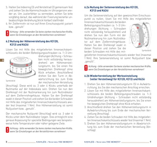 8 9KAHLES – Never miss the MOMENT! KAHLES – Never miss the MOMENT!
5.	Halten Sie Indexring (3) und Verstellrad (2) gemeinsam fest
und ziehen Sie die Klemmschraube im Uhrzeigersinn wie-
der an. Um Justierfehler zu vermeiden, achten Sie bitte
sorgfältig darauf, das während der Fixierung ­keinerlei un-
beabsichtigte Verdrehung (klick hörbar) stattfindet
6. Ihr Zielfernrohr ist nun auf Ihren Einschusspunkt justiert
bzw. „genullt“
	 Achtung – bitte verwenden Sie keine starken mechanischen Kräfte,
wenn Sie Einstellungen an den Verstelltürmen vornehmen!
6.2 Nullung der Höhenverstellung des K312II,
K312i und K624i
Lösen Sie mit Hilfe des mitgelieferten Innensechskant-
schlüssels die beiden Befestigungsschrauben ca. 1– 3 Um­
drehungen (Achtung – Schrau-
ben nicht vollständig heraus-
drehen) am Höhenverstel-
lungsturm, bis Sie einen frei
beweglichen Drehknopf ohne
Klick erhalten. Anschließend
drehen Sie den Turm in Ab-
wärtsrichtung bis zum Ende
der mechanischen Verstellung
(Anschlag). Diese wird ca. 3 oder 4 Klicks unterhalb der
Nullmarke auf der Indexskala sein. Drehen Sie nun den
Drehknopf mit der Nullmarkierung hin zum Nullindikator
auf dem Zielfernrohrgehäuse. Halten Sie den Drehknopf
­exakt in dieser Position und ziehen Sie die beiden Schrauben
mit Hilfe des mitgelieferten Innensechskantschlüssels wie-
der fest (maximal 1 Nm). Ihre Höhenverstellung ist somit
Nulljustiert bzw. „genullt“.
Der mechanische Nullpunkt (Anschlag) wird ca. 3 oder 4
Klicks unter dem Nullindikator liegen. Dies ermöglicht eine
genaue Anpassung für spezielle Bedingungen wie beispiels-
weise hohe Temperaturen oder näher gelegene Ziele.
	 Achtung – bitte verwenden Sie keine starken mechanischen Kräfte,
wenn Sie Einstellungen an den Verstelltürmen vornehmen!
6.2 a Nullung der Seitenverstellung des K312II,
K312i and K624i
Um die Seitenverstellung auf den gewünschten Einschuss-
punkt zu nullen, lösen Sie mit Hilfe des mitgelieferten
­Innensechskantschlüssels die beiden
Befestigungsschrauben ca. 1– 3 Um-
drehungen (Achtung – Schrauben
nicht vollständig herausdrehen) und
drehen Sie nun den Turm mit der
Nullmarkierung hin zum Nullindika-
tor auf dem Zielfernrohrgehäuse.
Halten Sie den Drehknopf exakt in
dieser Position und ziehen Sie die
beiden Schrauben mit Hilfe des mit-
gelieferten Innensechskantschlüssels wieder fest (maximal
1 Nm). Ihre Seitenverstellung ist somit Nulljustiert bzw.
„genullt“.
	 Achtung – bitte verwenden Sie keine starken mechanischen Kräfte,
wenn Sie Einstellungen an den Verstelltürmen vornehmen!
6.2 b Wiederherstellung der Werkseinstellung
(voller Verstellweg) für K312II, K312i und K624i
1.	Drehen Sie den Höhenverstellungsturm (5) in Aufwärts-
richtung, bis Sie den mechanischen Anschlag erreichen.
2.	Lösen Sie mit Hilfe des mitgelieferten Innensechskant-
schlüssels die beiden Befestigungsschrauben ca. 1– 3
Umdrehungen (Achtung – Schrauben nicht vollständig
herausdrehen) am Höhenverstellungsturm, bis Sie einen
frei beweglichen Drehknopf ohne Klick erhalten.
3.	Anschließend drehen Sie den Höhenverstellungsturm in
Aufwärtsrichtung bis zum Ende der mechanischen Ver-
stellung (Anschlag).
4.	Ziehen Sie die beiden Schrauben mit Hilfe des mitgeliefer-
ten Innensechskantschlüssels wieder fest (maximal 1 Nm).
5.	Drehen Sie den Höhenverstellungsturm in Abwärtsrich-
tung bis zum Ende der mechanischen Verstellung (An-
schlag).
Symbolbild
Symbolbild
D D
 