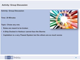 Activity: Group Discussion

Activity: Group Discussion


Time: 20 Minutes


Topic: Chose any one.
• Rules are meant to be broken
• A Ship Docked in Harbour cannot face the Storms
• Capitalism is a very Flawed System but the others are so much worse




                                                                             29
                                                                        29
 