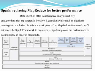 Spark: replacing MapReduce for better performance
Data scientists often do interactive analysis and rely
on algorithms that are inherently iterative; it can take awhile until an algorithm
converges to a solution. As this is a weak point of the MapReduce framework, we’ll
introduce the Spark Framework to overcome it. Spark improves the performance on
such tasks by an order of magnitude.
 