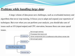 Problems while handling large data:
A large volume of data poses new challenges, such as overloaded memory and
algorithms that never stop running. It forces you to adapt and expand your repertoire of
techniques. But even when you can perform your analysis, you should take care of
issues such as I/O (input/output) and CPU starvation, because these can cause speed
issues.
 