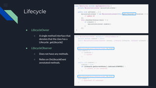 Lifecycle
● LifecycleOwner
○ A single method interface that
denotes that the class has a
Lifecycle: getLifecycle()
● LifecycleObserver
○ Does not have any methods.
○ Relies on OnLifecycleEvent
annotated methods.
 