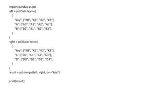 import pandas as pd
left = pd.DataFrame(
{
"key": ["K0", "K1", "K2", "K3"],
"A": ["A0", "A1", "A2", "A3"],
"B": ["B0", "B1", "B2", "B3"],
}
)
right = pd.DataFrame(
{
"key": ["K0", "K1", "K2", "K3"],
"C": ["C0", "C1", "C2", "C3"],
"D": ["D0", "D1", "D2", "D3"],
}
)
result = pd.merge(left, right, on="key")
print(result)
 
