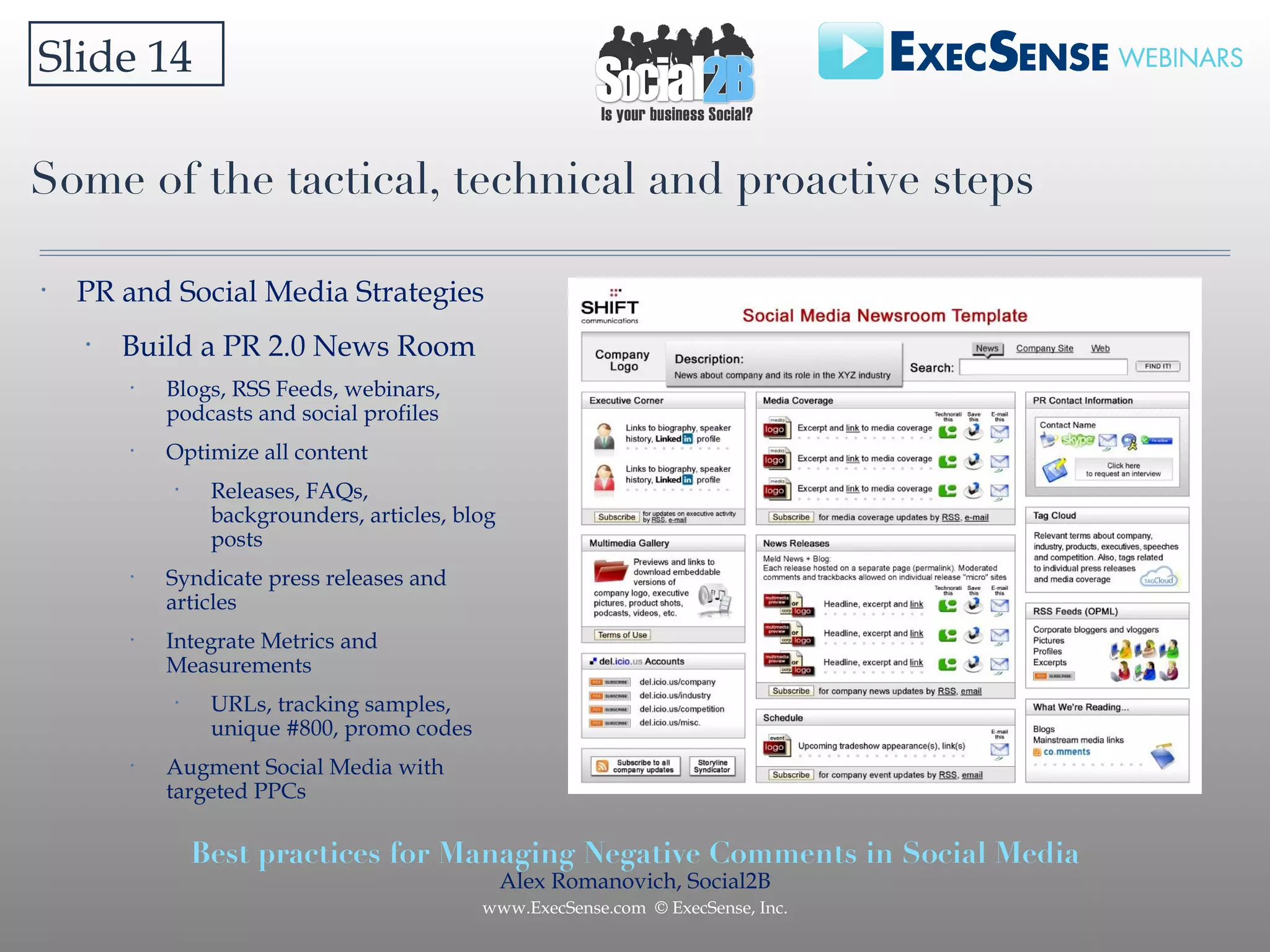 Some of the tactical, technical and proactive steps Slide 14 PR and Social Media Strategies Build a PR 2.0 News Room Blogs, RSS Feeds, webinars, podcasts and social profiles Optimize all content Releases, FAQs, backgrounders, articles, blog posts Syndicate press releases and articles Integrate Metrics and Measurements URLs, tracking samples, unique #800, promo codes Augment Social Media with targeted PPCs 