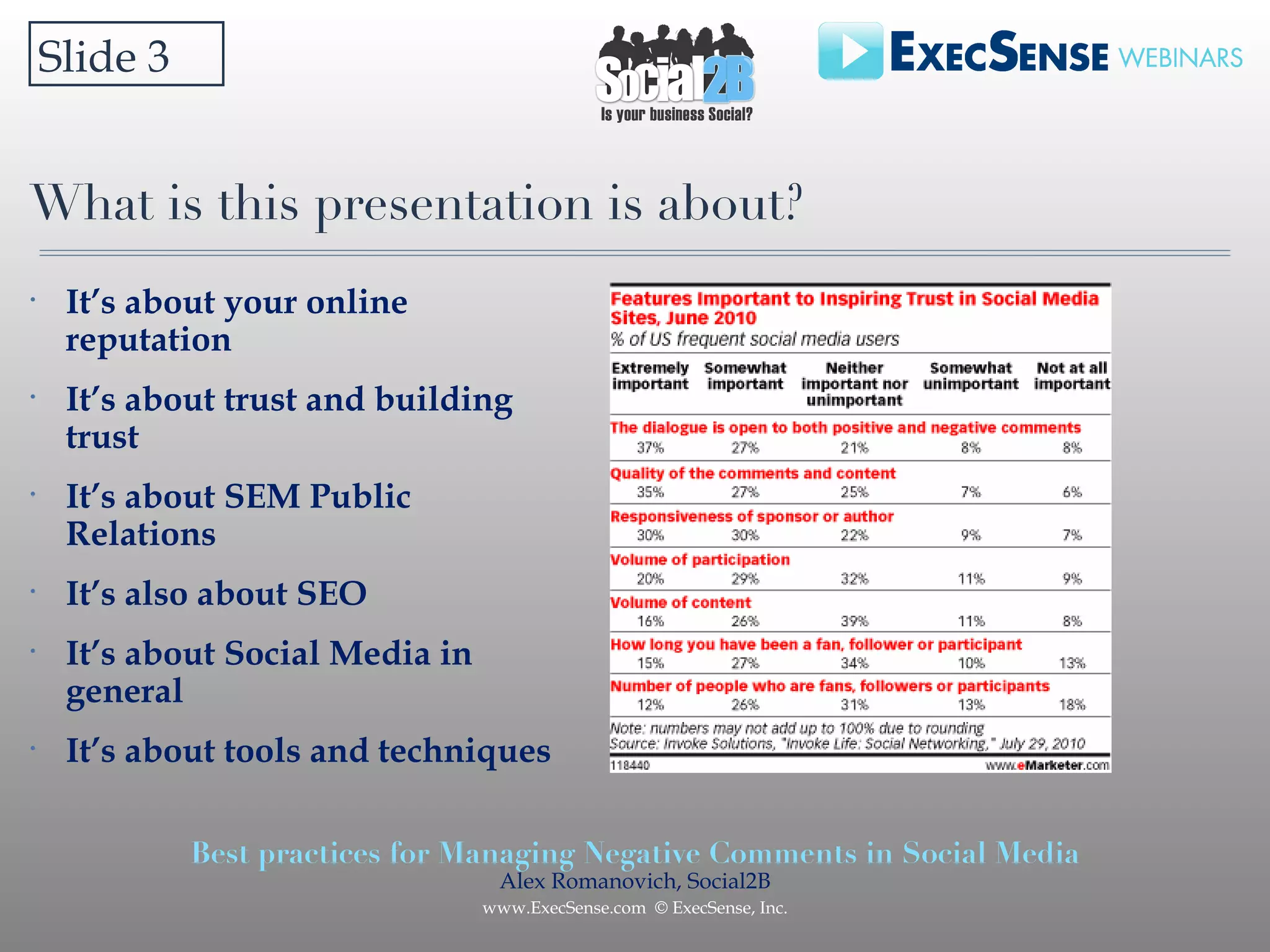 What is this presentation is about? It’s about your online reputation It’s about trust and building trust It’s about SEM Public Relations It’s also about SEO It’s about Social Media in general It’s about tools and techniques Slide 3  
