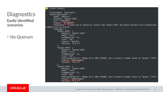 Copyright © 2020, Oracle and/or its affiliates. All rights reserved. |
Diagnostics
Easily identified
scenarios
Confidential – Oracle Internal/Restricted/Highly Restricted 16
• No Quorum
 