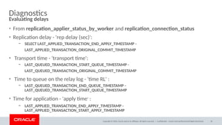 Copyright © 2020, Oracle and/or its affiliates. All rights reserved. |
Diagnostics
• From replication_applier_status_by_worker and replication_connection_status
• Replication delay - 'rep delay (sec)':
– SELECT LAST_APPLIED_TRANSACTION_END_APPLY_TIMESTAMP -
LAST_APPLIED_TRANSACTION_ORIGINAL_COMMIT_TIMESTAMP
• Transport time - 'transport time':
– LAST_QUEUED_TRANSACTION_START_QUEUE_TIMESTAMP -
LAST_QUEUED_TRANSACTION_ORIGINAL_COMMIT_TIMESTAMP
• Time to queue on the relay log - 'time RL' :
– LAST_QUEUED_TRANSACTION_END_QUEUE_TIMESTAMP -
LAST_QUEUED_TRANSACTION_START_QUEUE_TIMESTAMP
• Time for application - 'apply time' :
– LAST_APPLIED_TRANSACTION_END_APPLY_TIMESTAMP -
LAST_APPLIED_TRANSACTION_START_APPLY_TIMESTAMP
Evaluating delays
Confidential – Oracle Internal/Restricted/Highly Restricted 18
 