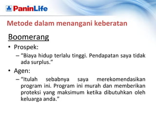 Metode dalam menangani keberatan
Boomerang
• Prospek:
  – “Biaya hidup terlalu tinggi. Pendapatan saya tidak
    ada surplus.”
• Agen:
  – “Itulah sebabnya saya merekomendasikan
    program ini. Program ini murah dan memberikan
    proteksi yang maksimum ketika dibutuhkan oleh
    keluarga anda.”
 