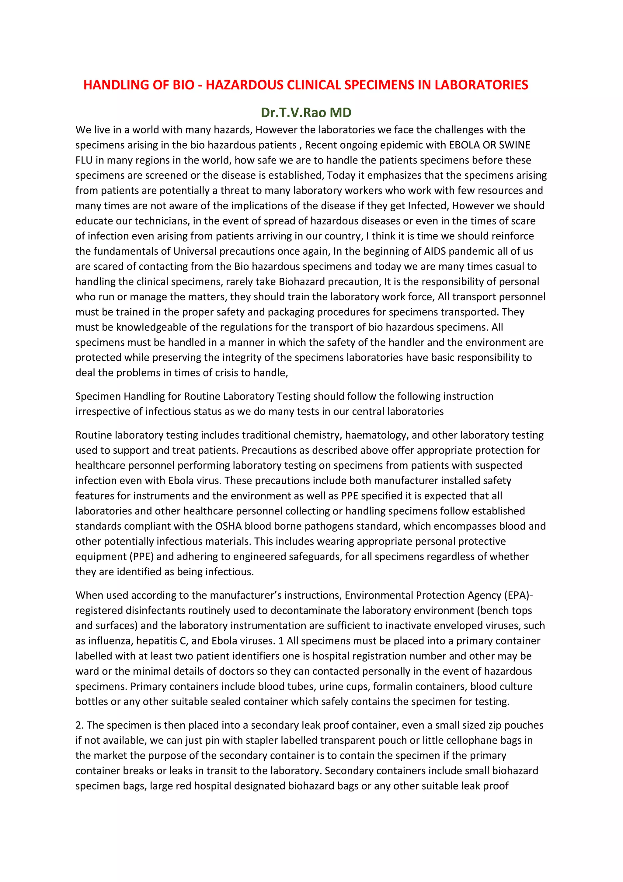High Risk Specimen HANDLING OF BIO - HAZARDOUS CLINICAL SPECIMENS IN LABORATORIES | PDF