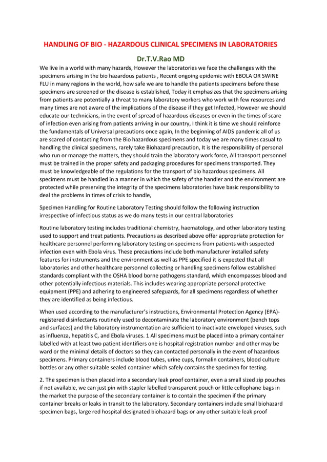 HANDLING OF BIO HAZARDOUS CLINICAL SPECIMENS IN LABORATORIES PDF