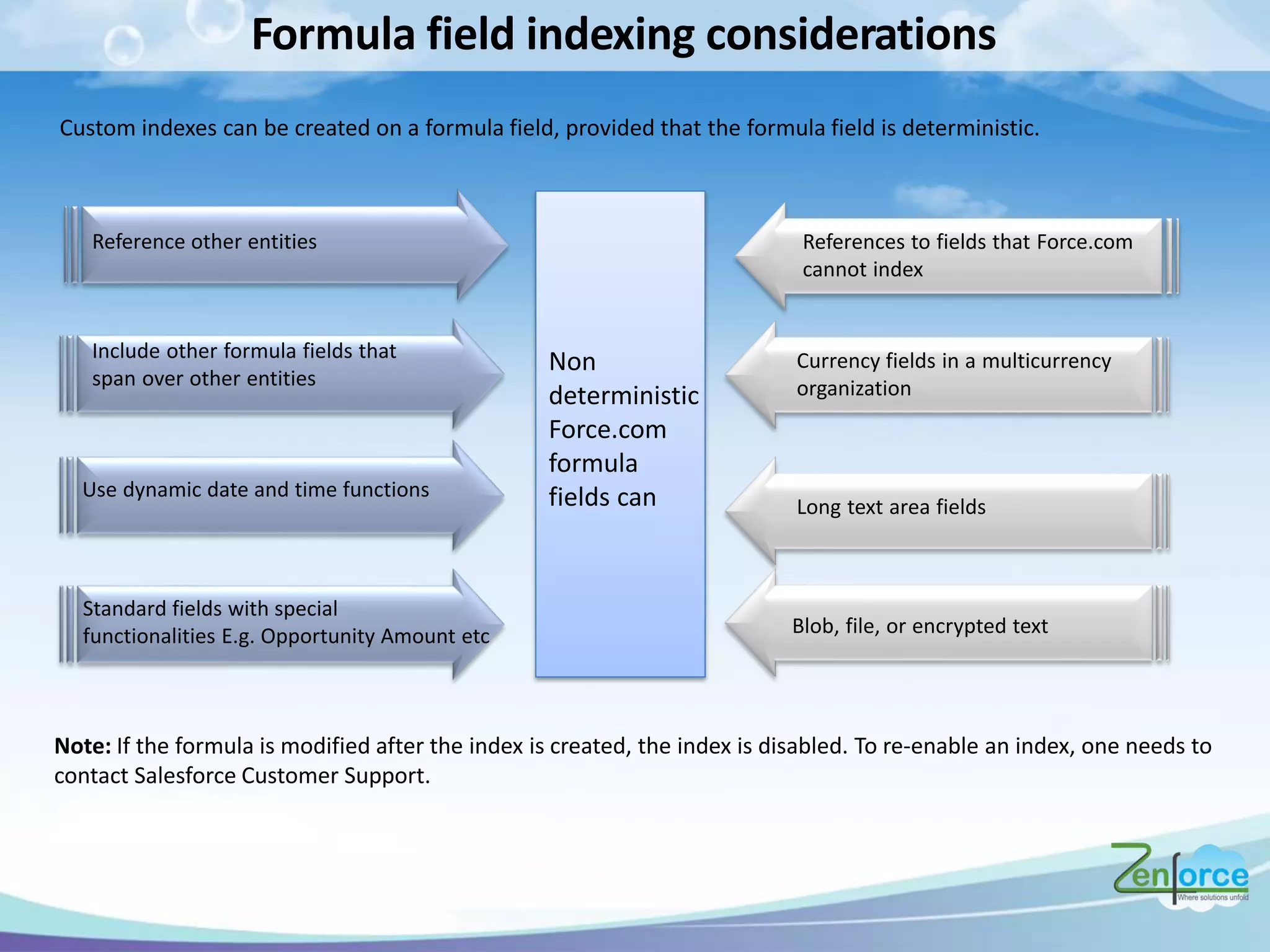 Non
deterministic
Force.com
formula
fields can
Reference other entities
Include other formula fields that
span over other entities
Use dynamic date and time functions
Standard fields with special
functionalities E.g. Opportunity Amount etc
References to fields that Force.com
cannot index
Currency fields in a multicurrency
organization
Long text area fields
Blob, file, or encrypted text
Custom indexes can be created on a formula field, provided that the formula field is deterministic.
Formula field indexing considerations
Note: If the formula is modified after the index is created, the index is disabled. To re-enable an index, one needs to
contact Salesforce Customer Support.
 