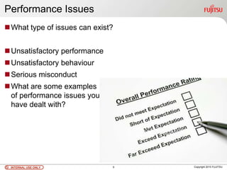 INTERNAL USE ONLYINTERNAL USE ONLY Copyright 2010 FUJITSU
Performance Issues
What type of issues can exist?
Unsatisfactory performance
Unsatisfactory behaviour
Serious misconduct
What are some examples
of performance issues you
have dealt with?
9
 