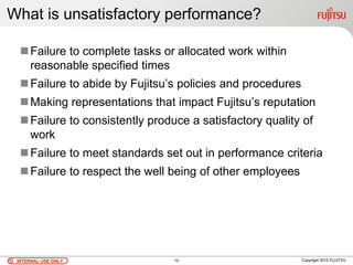 INTERNAL USE ONLYINTERNAL USE ONLY Copyright 2010 FUJITSU10
Failure to complete tasks or allocated work within
reasonable specified times
Failure to abide by Fujitsu’s policies and procedures
Making representations that impact Fujitsu’s reputation
Failure to consistently produce a satisfactory quality of
work
Failure to meet standards set out in performance criteria
Failure to respect the well being of other employees
What is unsatisfactory performance?
 