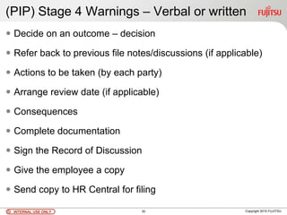 INTERNAL USE ONLYINTERNAL USE ONLY Copyright 2010 FUJITSU30
(PIP) Stage 4 Warnings – Verbal or written
 Decide on an outcome – decision
 Refer back to previous file notes/discussions (if applicable)
 Actions to be taken (by each party)
 Arrange review date (if applicable)
 Consequences
 Complete documentation
 Sign the Record of Discussion
 Give the employee a copy
 Send copy to HR Central for filing
 