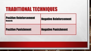 TRADITIONAL TECHNIQUES
Positive Reinforcement
Rewards
Negative Reinforcement
Positive Punishment Negative Punishment
 