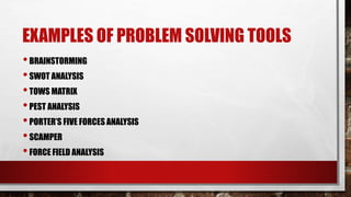 EXAMPLES OF PROBLEM SOLVING TOOLS
•BRAINSTORMING
•SWOT ANALYSIS
•TOWS MATRIX
•PEST ANALYSIS
•PORTER’S FIVE FORCES ANALYSIS
•SCAMPER
•FORCE FIELD ANALYSIS
 