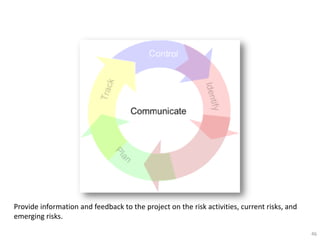 Provide information and feedback to the project on the risk activities, current risks, and
emerging risks.

                                                                                             46
 