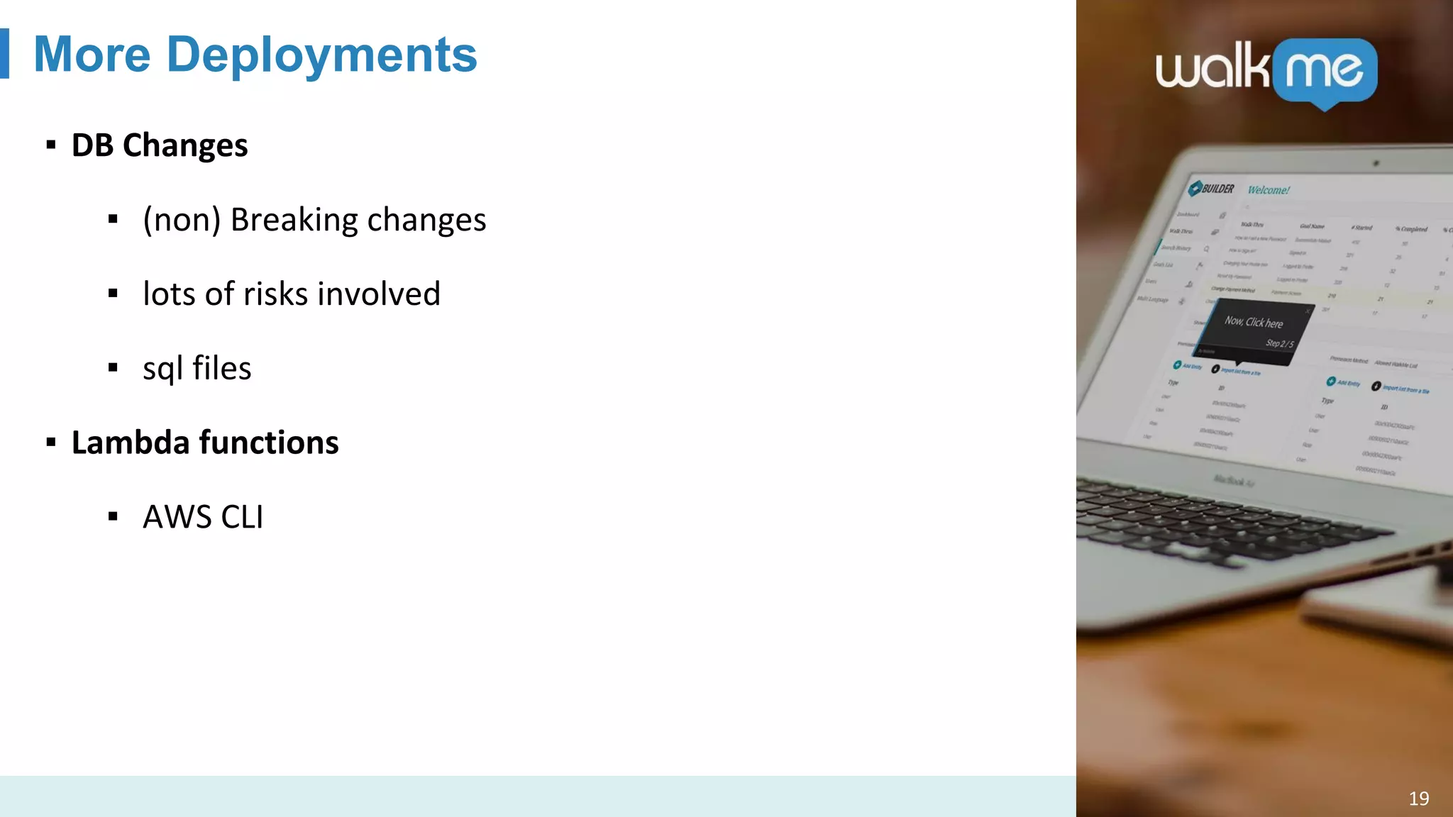 ▪ DB Changes
▪ (non) Breaking changes
▪ lots of risks involved
▪ sql files
▪ Lambda functions
▪ AWS CLI
More Deployments
19
 