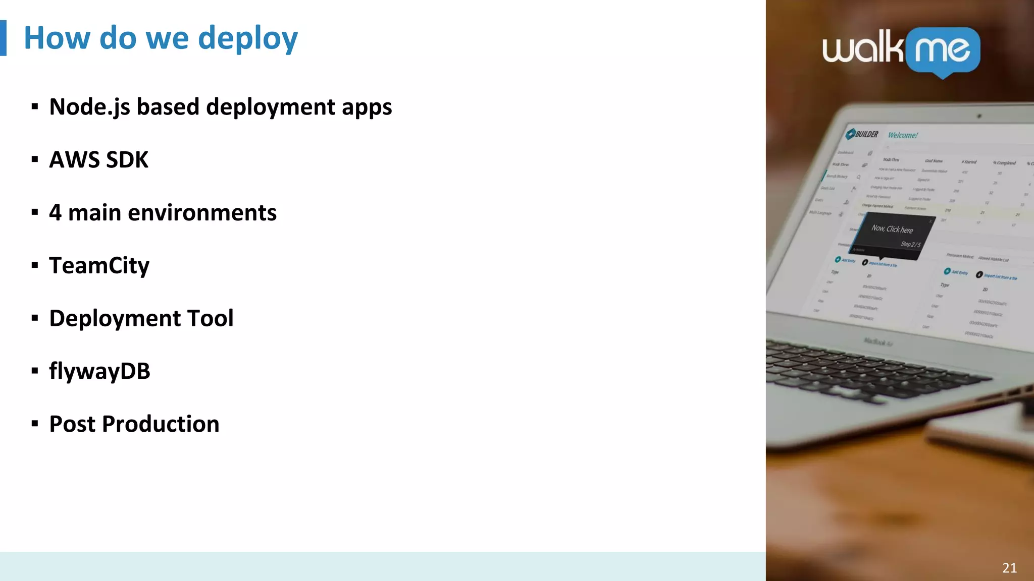 How do we deploy
21
▪ Node.js based deployment apps
▪ AWS SDK
▪ 4 main environments
▪ TeamCity
▪ Deployment Tool
▪ flywayDB
▪ Post Production
 