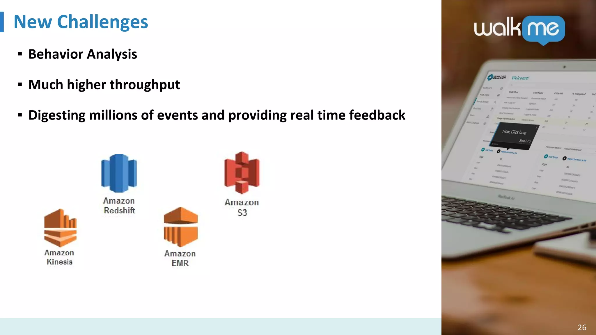 New Challenges
26
▪ Behavior Analysis
▪ Much higher throughput
▪ Digesting millions of events and providing real time feedback
 