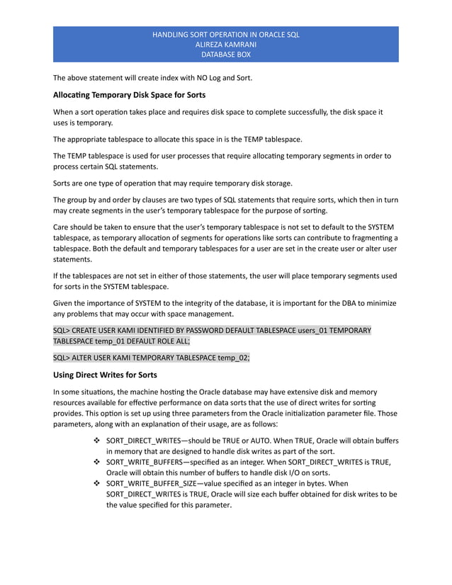 HANDLING SORT OPERATION IN Oracle SQL Overview | PDF