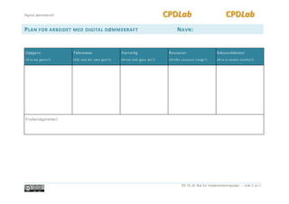 Digital dømmekraft
DD 10.2b Mal for implementeringsplan – side 2 av 3
PLAN FOR ARBEIDET MED DIGITAL DØMMEKRAFT NAVN:
Oppgave
(Hva må gjøres?)
Tidsramme
(Når skal det være gjort?)
Ansvarlig
(Hvem skal gjøre det?)
Ressurser
(Hvilke ressurser trengs?)
Suksessfaktorer
(Hva er ønsket resultat?)
Evalueringsrutiner:
 