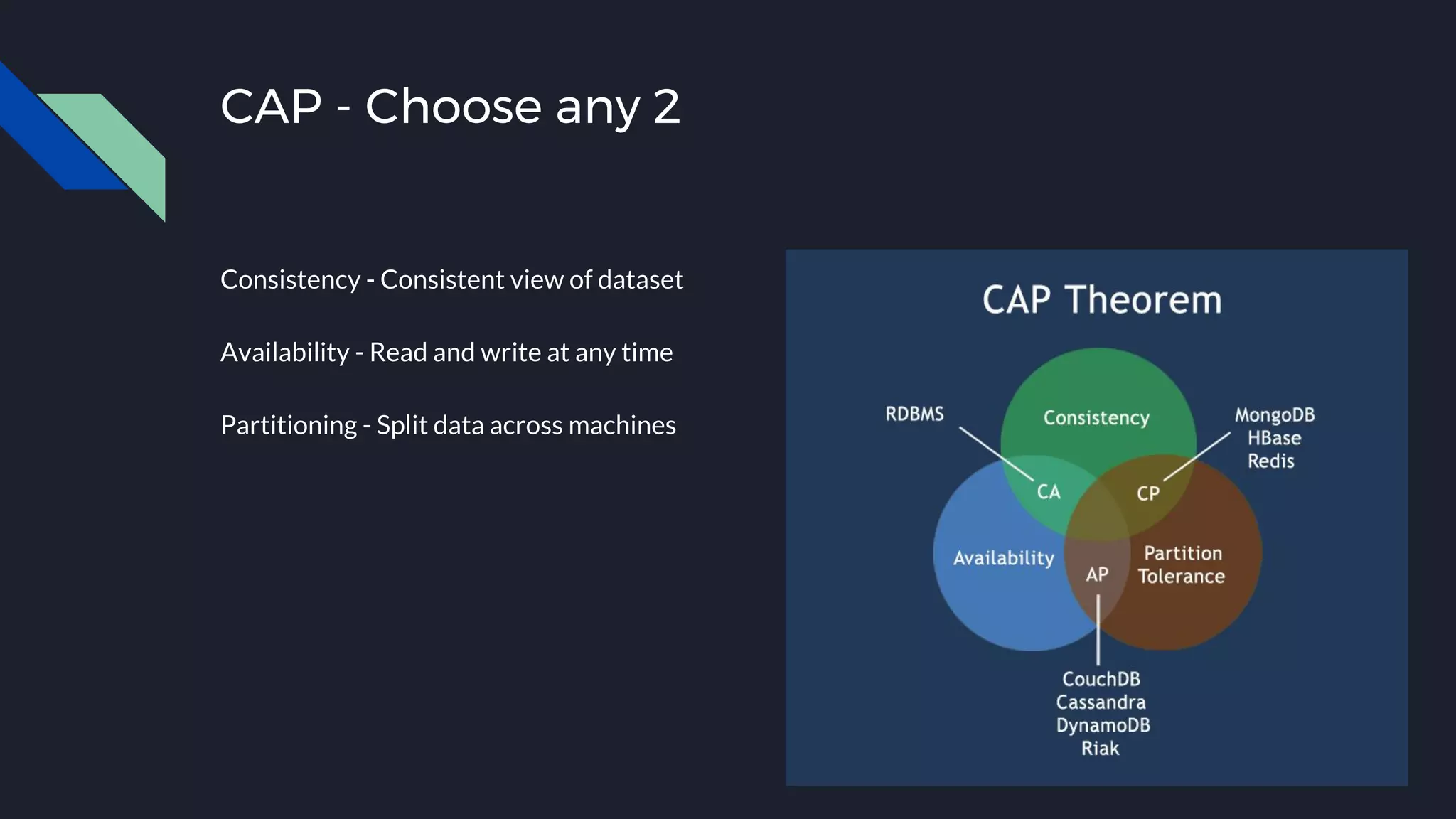 CAP - Choose any 2
Consistency - Consistent view of dataset
Availability - Read and write at any time
Partitioning - Split data across machines
 