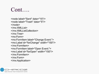 Cont…. <node label="Sent" data="15"/>  <node label="Trash" data="5"/>  </node>  </mx:XMLList>  </mx:XMLListCollection>  </mx:Tree>  <mx:Form>  <mx:FormItem label="Change Event:">  <mx:Label id="forChange" width="150"/>  </mx:FormItem>  <mx:FormItem label="Open Event:">  <mx:Label id="forOpen" width="150"/>  </mx:FormItem>  </mx:Form>  </mx:Application>  