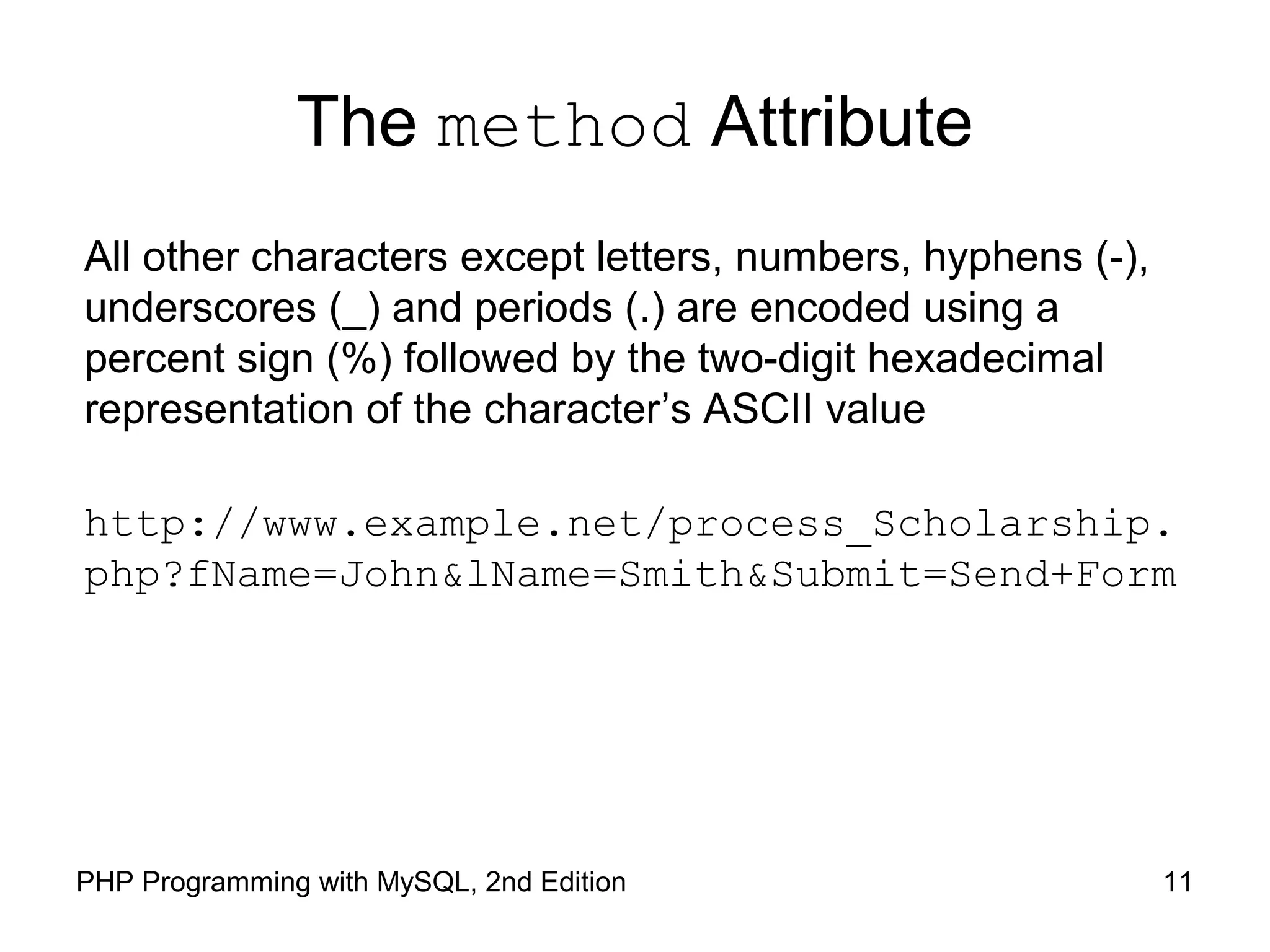 11PHP Programming with MySQL, 2nd Edition
The method Attribute
All other characters except letters, numbers, hyphens (-),
underscores (_) and periods (.) are encoded using a
percent sign (%) followed by the two-digit hexadecimal
representation of the character’s ASCII value
http://www.example.net/process_Scholarship.
php?fName=John&lName=Smith&Submit=Send+Form
 