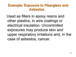 17
Used as fillers in epoxy resins and
other plastics, in wire coatings or
electrical insulation. Uncontrolled
exposures may produce skin and
upper respiratory irritations and, in the
case of asbestos, cancer.
Example: Exposure to Fiberglass and
Example: Exposure to Fiberglass and
Asbestos
Asbestos
 