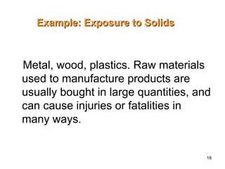 18
Metal, wood, plastics. Raw materials
used to manufacture products are
usually bought in large quantities, and
can cause injuries or fatalities in
many ways.
Example: Exposure to Solids
Example: Exposure to Solids
 