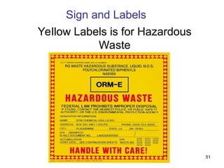 51
Sign and Labels
Yellow Labels is for Hazardous
Waste
 