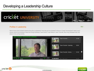 Developing a Leadership Culture

     • 45 Videos Produced and delivered Via Cricket U




                         confidential/proprietary
 