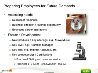 Preparing Employees for Future Demands

• Assessing needs
   o Successor readiness
   o Business direction / revenue opportunity
   o Employee career aspirations
• Focused Development
   o New products & key offerings: e.g., Muve Music
   o Key level: e.g., Frontline Manager
   o Key jobs: e.g., Indirect Account Mgrs.
   o Key competencies / Certifications
        Functional: Selling and customer service
        Technical: LTE (Long-Term Evolution) aka 4G


                                  confidential/proprietary
 