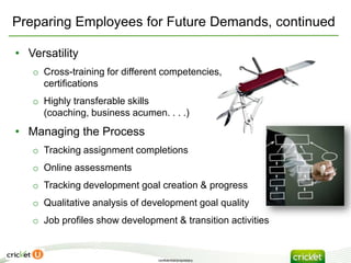 Preparing Employees for Future Demands, continued

• Versatility
   o Cross-training for different competencies,
     certifications
   o Highly transferable skills
     (coaching, business acumen. . . .)
• Managing the Process
   o Tracking assignment completions
   o Online assessments
   o Tracking development goal creation & progress
   o Qualitative analysis of development goal quality
   o Job profiles show development & transition activities


                                confidential/proprietary
 