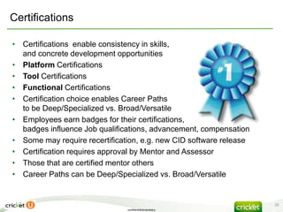 Certifications

• Certifications enable consistency in skills,
  and concrete development opportunities
• Platform Certifications
• Tool Certifications
• Functional Certifications
• Certification choice enables Career Paths
  to be Deep/Specialized vs. Broad/Versatile
• Employees earn badges for their certifications,
  badges influence Job qualifications, advancement, compensation
• Some may require recertification, e.g. new CID software release
• Certification requires approval by Mentor and Assessor
• Those that are certified mentor others
• Career Paths can be Deep/Specialized vs. Broad/Versatile


                                                                    30
                               confidential/proprietary
 